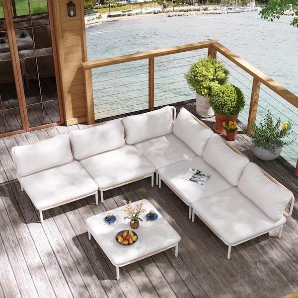 Pellebant 6-Piece Metal Outdoor Sectional Sofa with Beige Cushions 6-Armrest