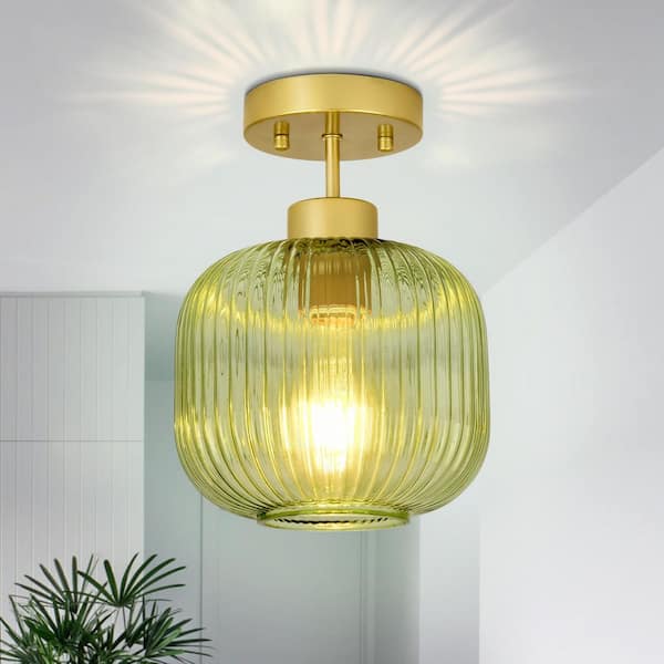 Essel 7.87 in 1-Light Gold Vintage Semi-Flush Mount Lighting with Round Glass Shade, No Bulbs Included