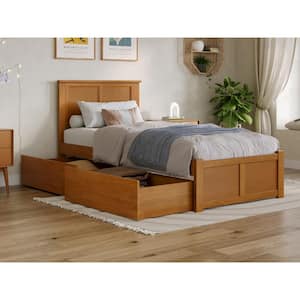 Madison Light Toffee Natural Bronze Solid Wood Frame Twin XL Platform Bed with Footboard and Storage Drawers