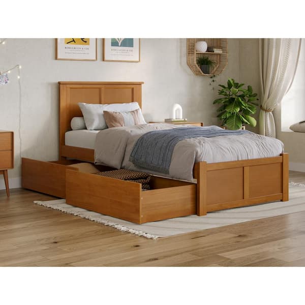 AFI Madison Light Toffee Natural Bronze Solid Wood Frame Twin XL Platform Bed with Footboard and Storage Drawers