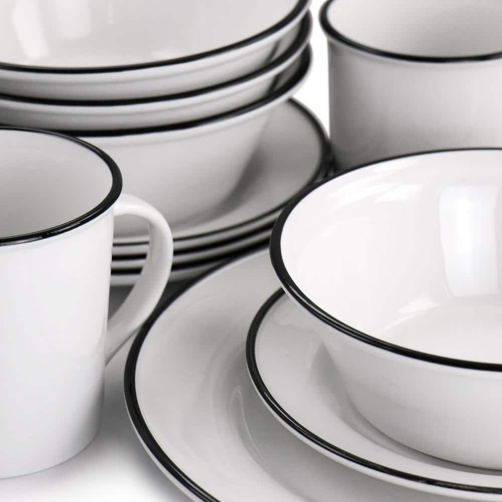 White Ceramic 16-Piece Dinnerware Set with Black Rim