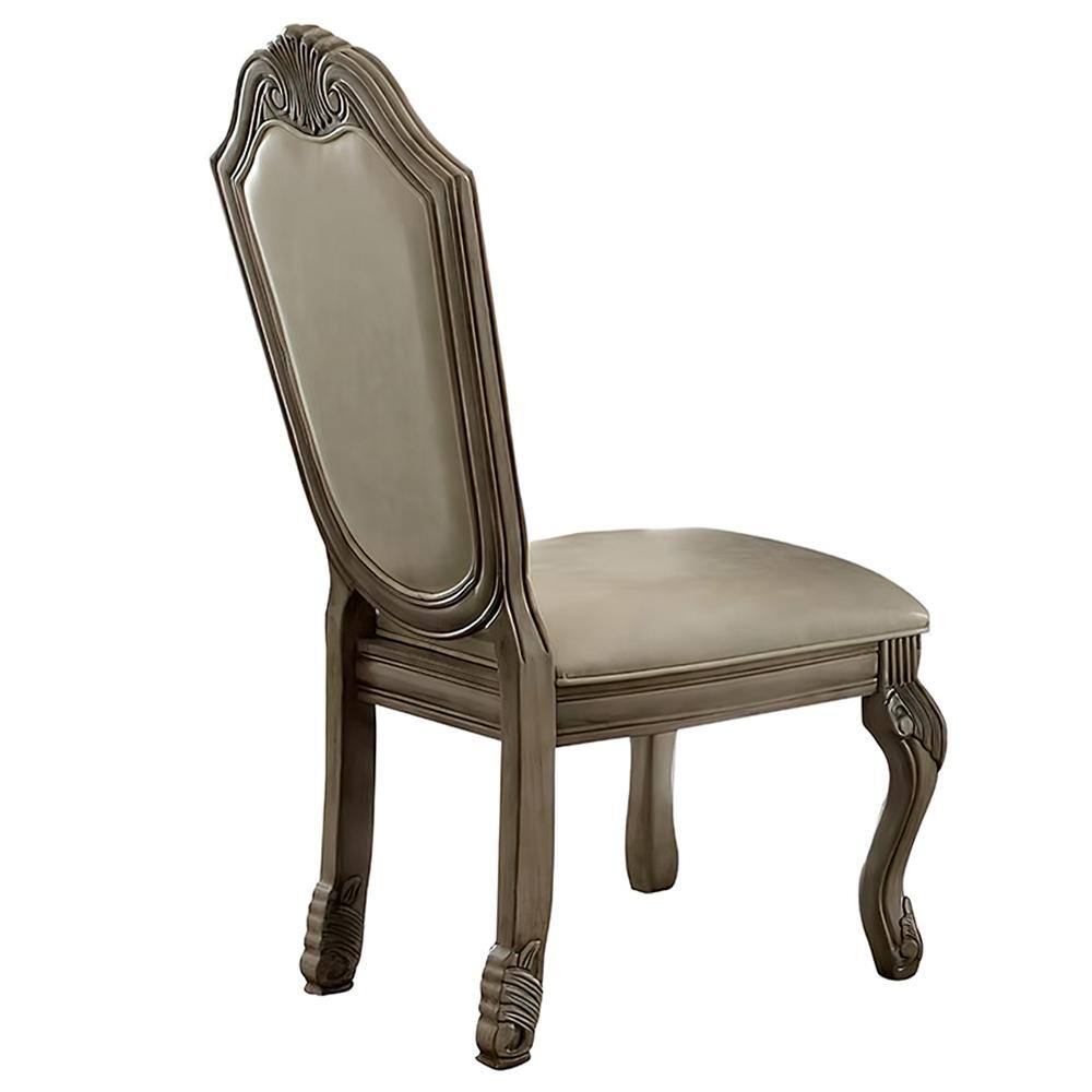 Antique White Upholstered Leather Side Chair with Wood Frame