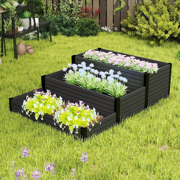 mondaria 4 ft. x 5.4 ft. x 18 in. Black Composite Panel and Alu Frame 3-Tier Rustproof Planter Box for Garden Landscaping