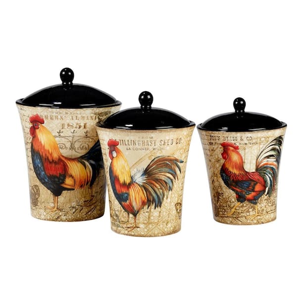 Gilded Rooster 3-Piece Traditional Multi-Colored Ceramic 48, 58, 86 oz. Canister Set