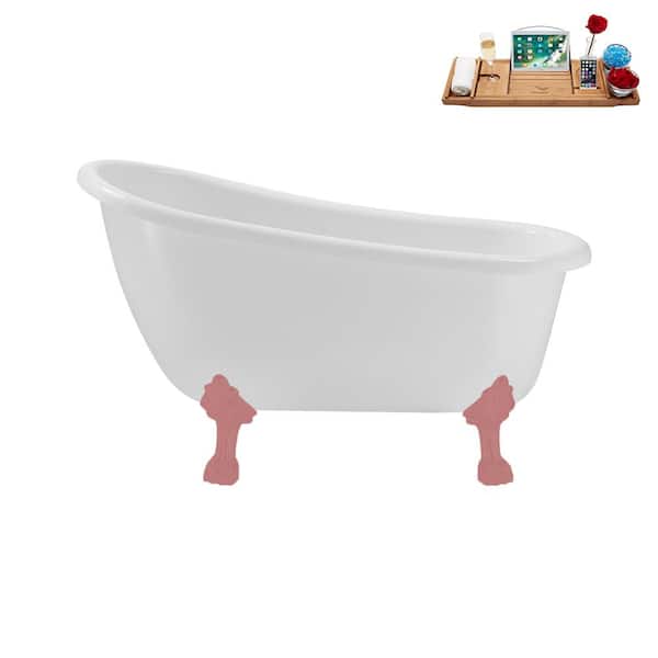Streamline 53 in. x 25.6 in. Acrylic Clawfoot Soaking Bathtub in Glossy White with Matte Pink Clawfeet and Polished Gold Drain