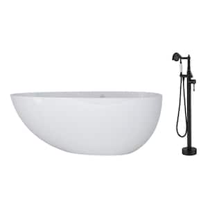 58 in. 29 in. Stone Resin Solid Surface Egg-shaped Soaking Bathtub in Glossy White with Standing Faucet in Matte Black