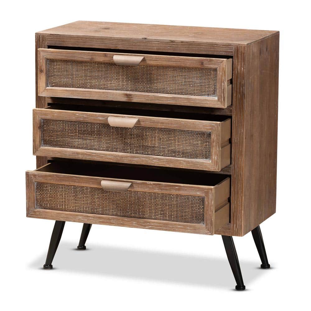 Mid-Century Natural Brown Wood and Rattan 3-Drawer Cabinet