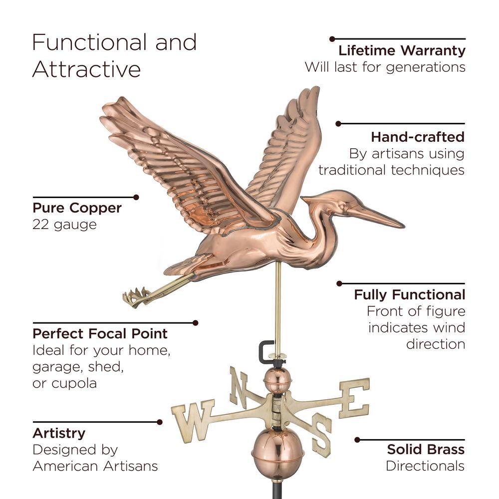 Elegant Blue Heron 24" Rooftop Weathervane in Polished Copper