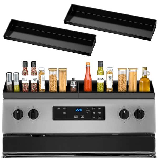 Numhew 2-Pack 15 in. Black Magnetic Stove Top Spice Rack, Metal Over the Stove Shelf