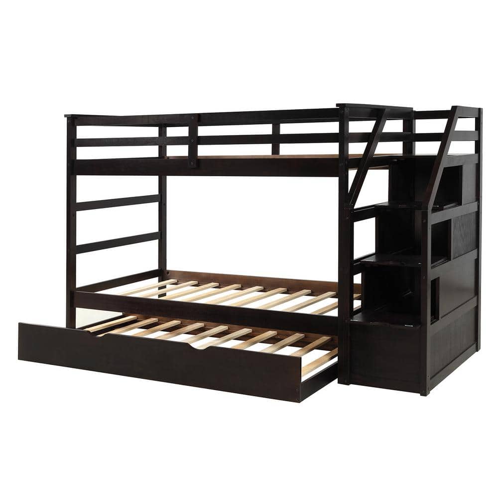 Angel Sar Espresso Twin Bunk Bed with Twin Size Trundle and 3Storage Stairs BSS0164AAP The