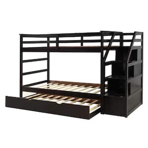 Espresso Twin Bunk Bed with Twin Size Trundle and 3-Storage Stairs