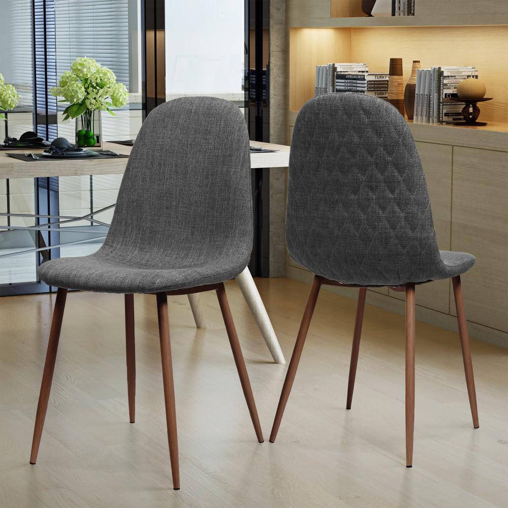 Elegant Mid-Century Modern Dining Chairs in Light Grey with Dark Walnut Iron Legs, Set of 2