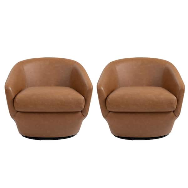 Modern Brown PU Leather Swivel Accent Arm Chair with Metal Base (Set of 2)