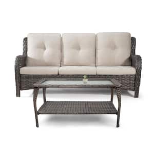 2-Piece Wicker Outdoor Patio Conversation Set with Beige Cushions and Coffee Table, Tempered Glass Tabletop
