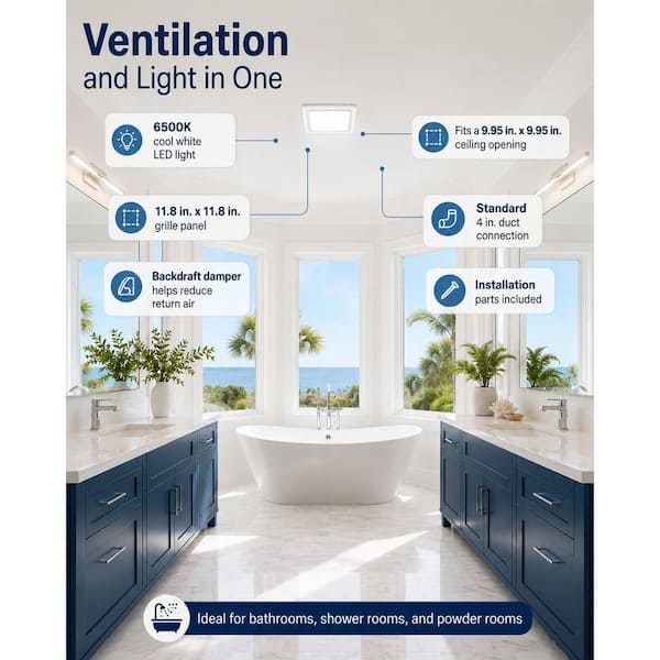 11.8 in. Square Matte White Flush Mount 130 CFM Bathroom Exhaust Fan 1.0 Sone Quiet Ventilation for 10x10 in Ceiling