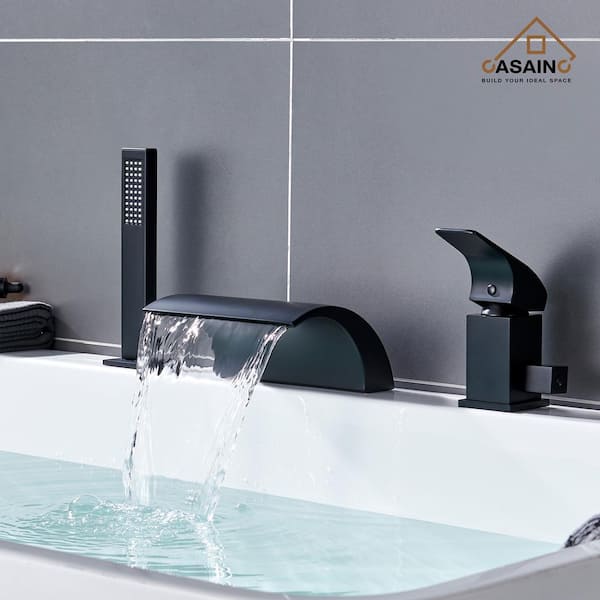 Single-Handle Tub-Mount Roman Tub Faucet with Hand Shower in Matte Black