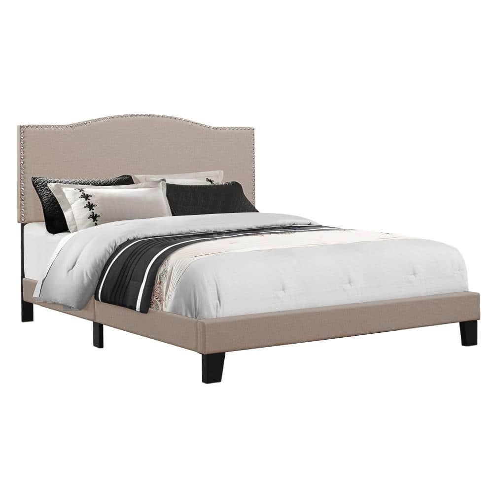 Sophisticated Fog Full Bed with Arched Upholstered Headboard and Nailhead Trim