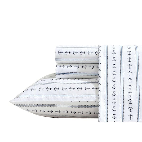 Nautica Anchor Lines 4-Piece Blue Cotton King Sheet Set
