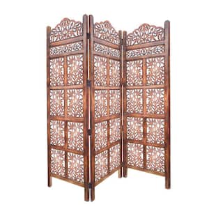 Brown 3-Panel Mango Wood Screen with Intricate Cutout Carvings