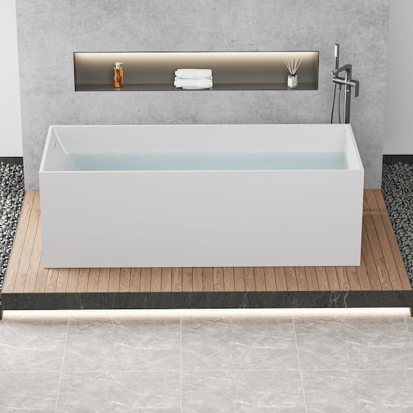 Moray 67 in. x 28 in. Stone Resin Flatbottom Freestanding Soaking Bathtub in Matte White
