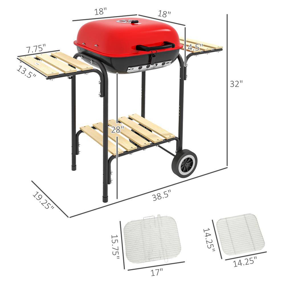 17" Red Portable Charcoal Grill with Folding Shelves