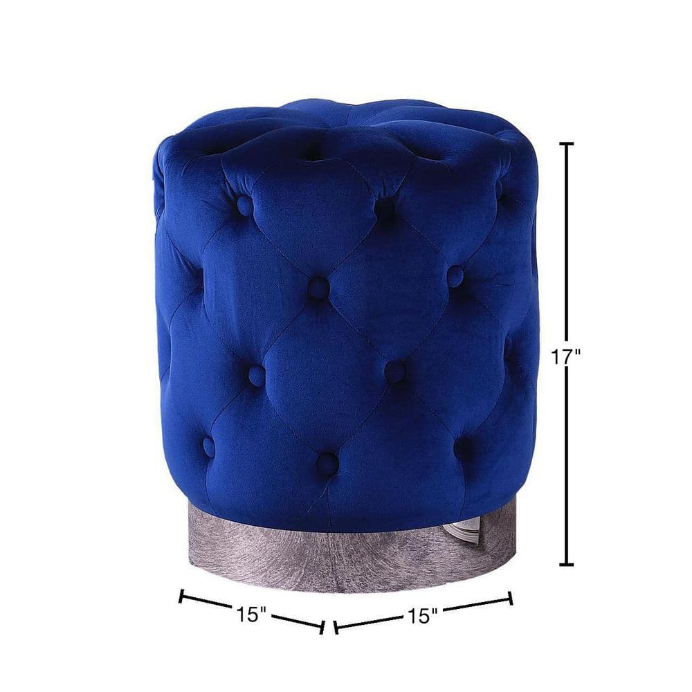Jacobson Round Blue Tufted Velvet Ottoman with Stainless Steel Base