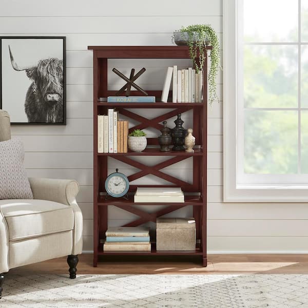StyleWell Waybury 56 in. Warm Chestnut Brown Wood 4-Shelf Bookcase with Open Back
