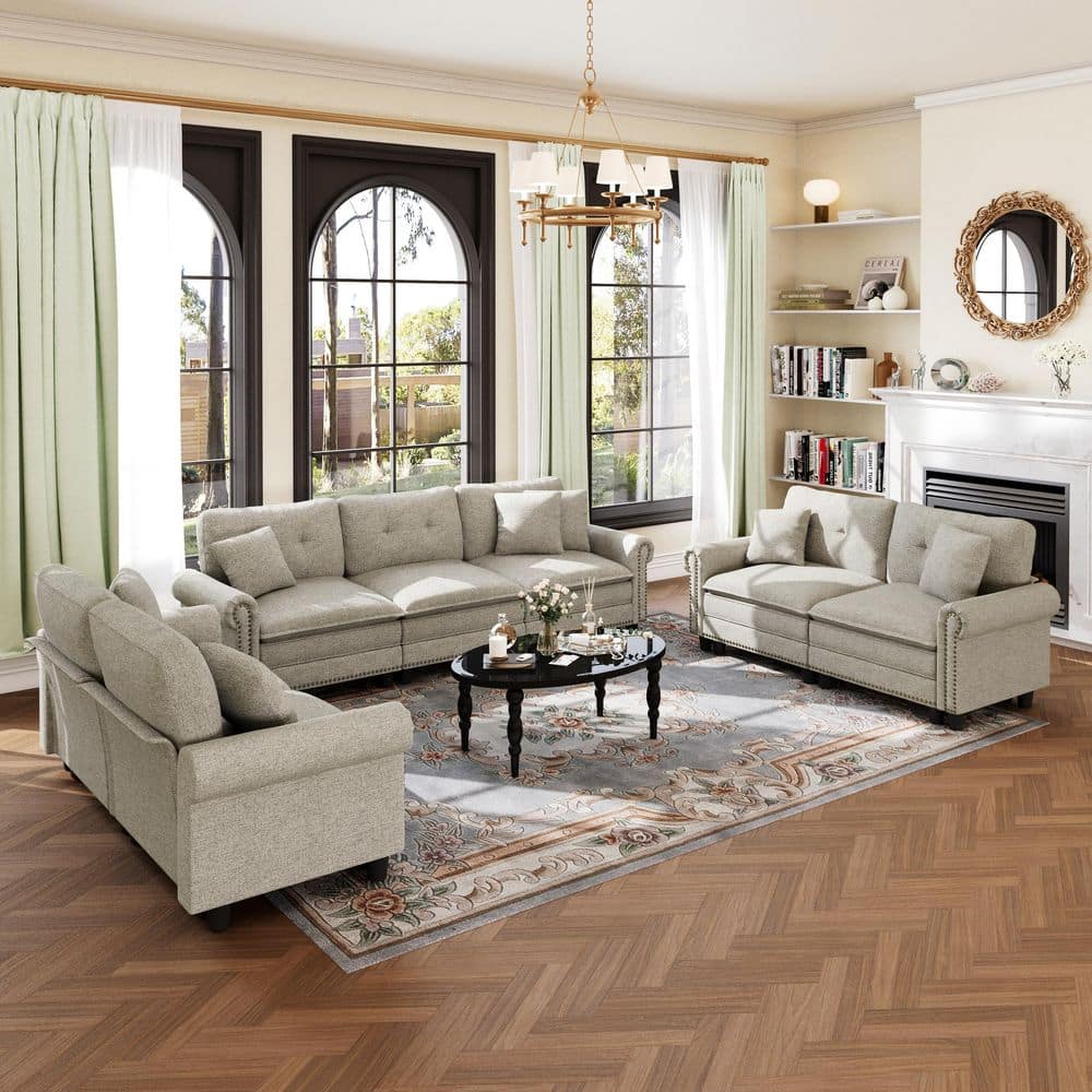 113.8 in. Roll Arm 7-Seat Linen-like Fabric Modular Sectional Sofa in Gray with Throw Pillows