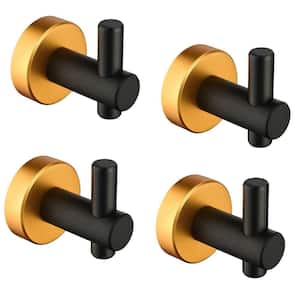 4-Piece Wall Mounted Round Bathroom Robe Hook and Towel Hook in Black+Brushed Gold