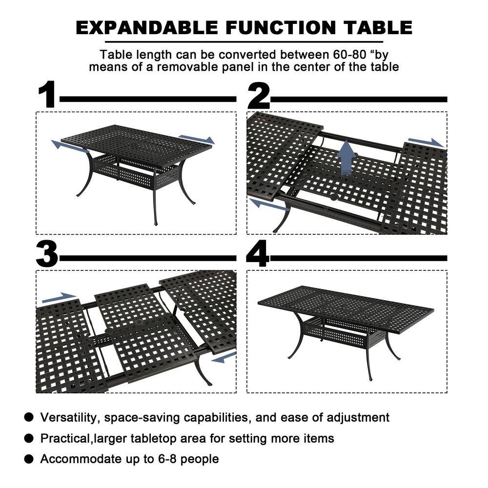 9-Piece Black Cast Aluminum Rectangular Outdoor Dining Set with Beige Cushions