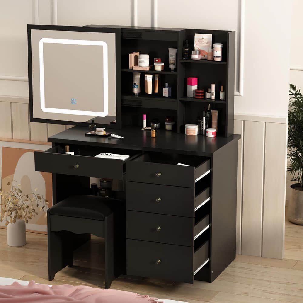 5-Drawers Black Wood LED Push-Pull Mirror Dresser with Stool and 3-Tier Storage Shelves 39.4 in. W - thumbnail 4
