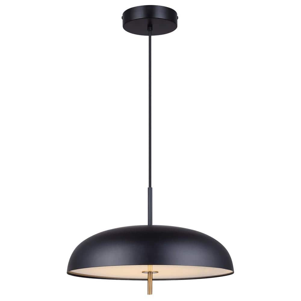CANARM Kelvin 1-Light Integrated LED Matte Black and Gold Contemporary Pendant with Black Glass Shade