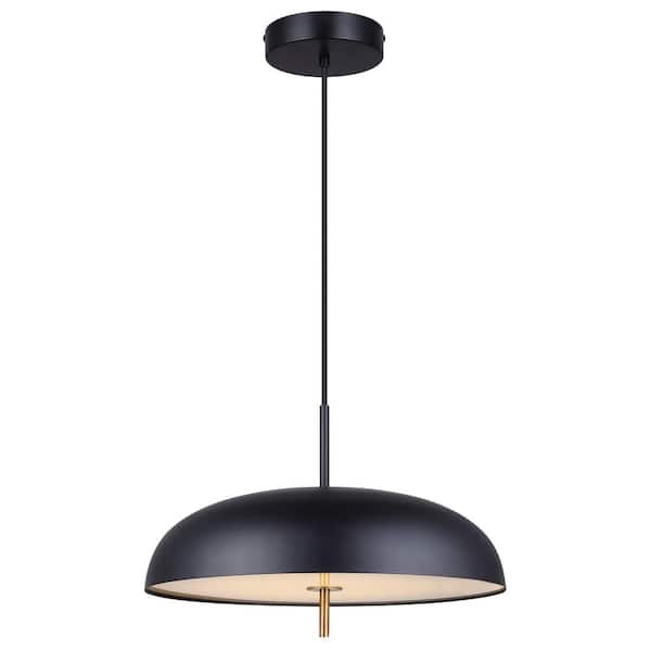 CANARM Kelvin 1-Light Integrated LED Matte Black and Gold Contemporary Pendant with Black Glass Shade