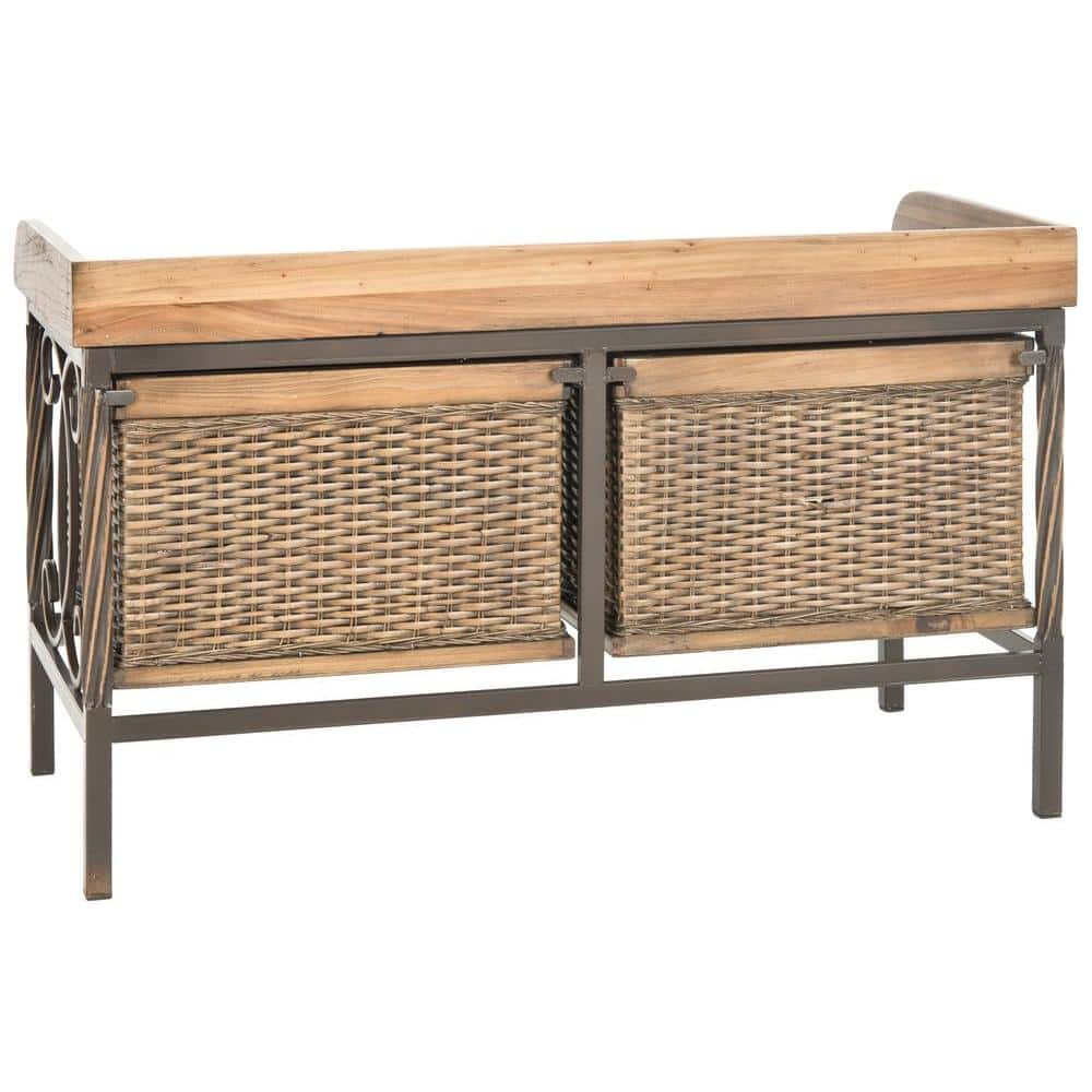 Noah Rustic Oak and Wicker Storage Bench with Drawers