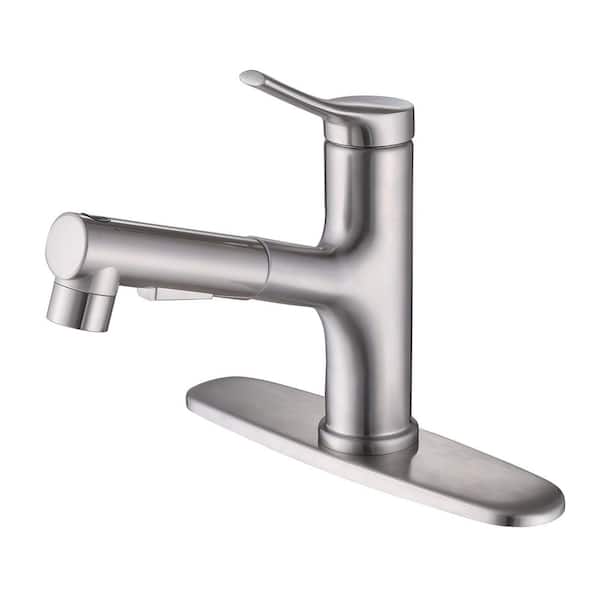 Single Handle Single Hole Bathroom Sink Faucet with Pull Out Sprayer 304 Stainless Steel Vanity Taps in Brushed Nickel