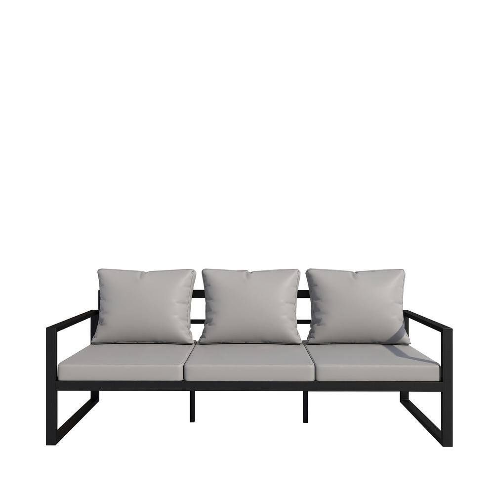 Black Metal Outdoor 3-Seat Lounge Chair with Grey Cushions