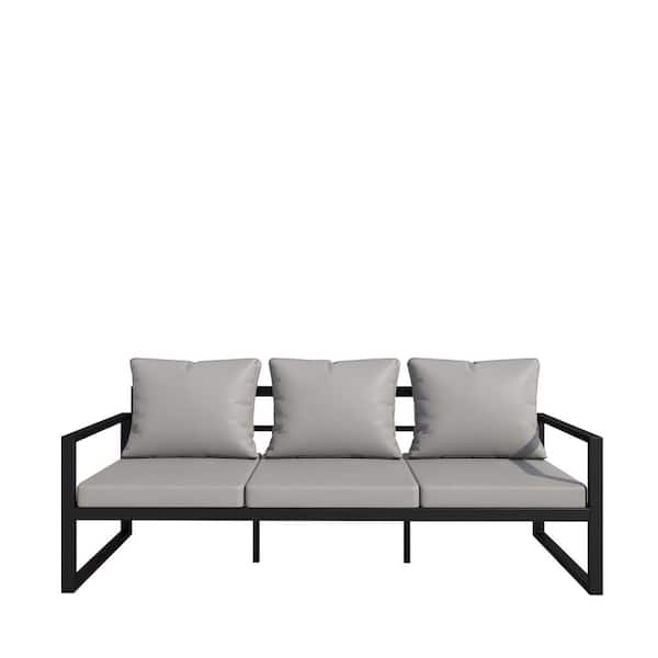 Unbranded Black Metal Outdoor 3-Seat Lounge Chair with Grey Cushions