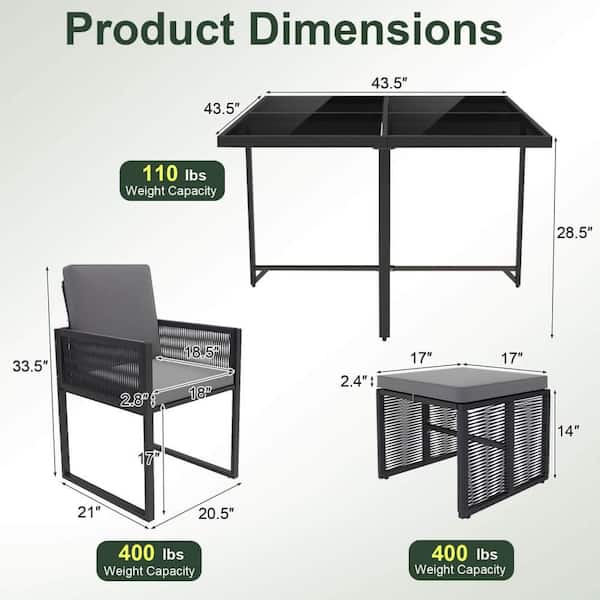 9-Piece Metal Outdoor Dining Set with PE Rattan Chairs Tempered Glass Table and Ottomans Gray Cushions