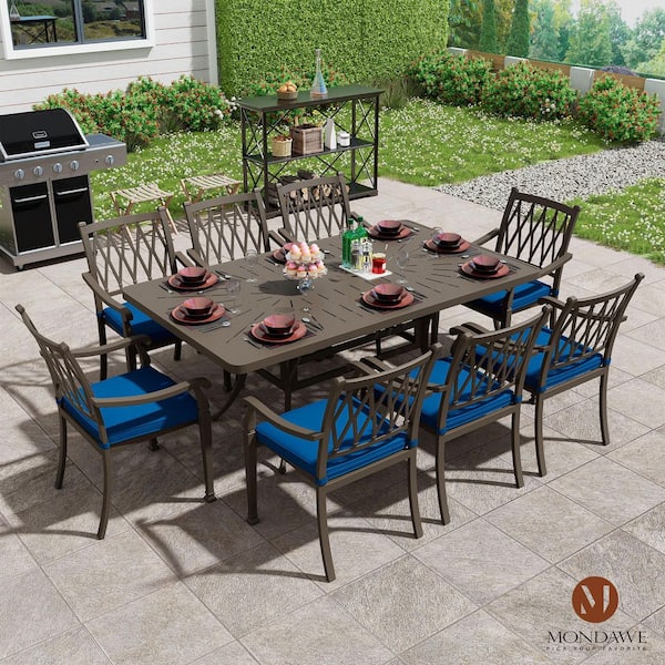 Brown Cast Aluminum Metal Outdoor Patio Stackable Rural Style Dining Chair with Blue Cushion for Yard Gazebo (4-Pack)