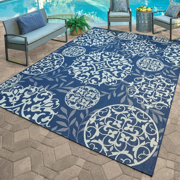 Paseo Emilia Navy/Grain 9 ft. x 13 ft. Medallion Indoor/Outdoor Area Rug