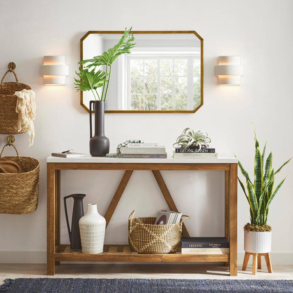 Farmhouse Charm 52" Walnut Wood Console Table with Marble Finish and Storage