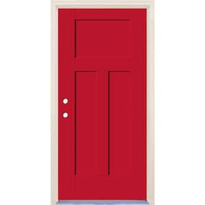 36 in. x 80 in. 3-Panel Craftsman Right-Hand Ruby Red Fiberglass Prehung Front Door w/6-9/16 in. Frame and Nickel Hinges