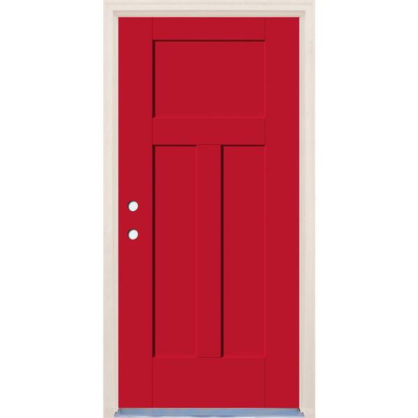 Builders Choice 36 in. x 80 in. 3-Panel Craftsman Right-Hand Ruby Red Fiberglass Prehung Front Door w/6-9/16 in. Frame and Nickel Hinges