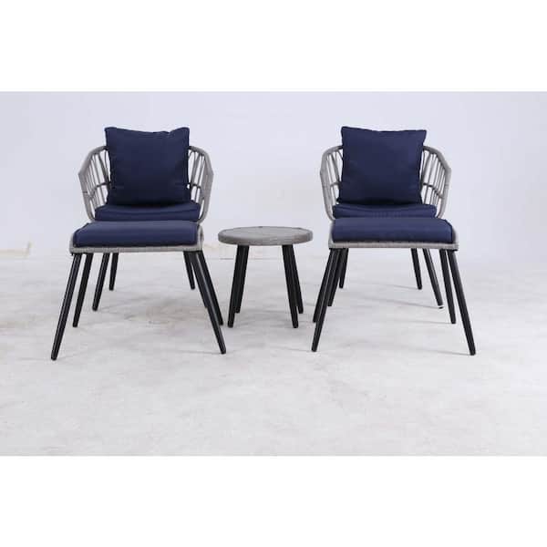 Zeus & Ruta 5-Pieces Gray Wicker Patio Conversation Set with Blue Cushions, 1 wood Coffee Table Ottomans Bistro Sets