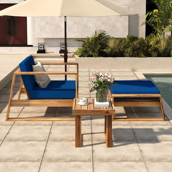 Sudzendf 3-Piece Wood Outdoor Conversation Patio Furniture Set with Blue Cushions