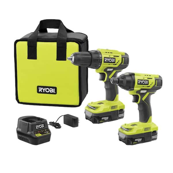 RYOBI ONE+ 18V Cordless 2-Tool Combo Kit w/ Drill/Driver, Impact Driver, (2) 1.5 Ah Batteries, Charger, and Bag