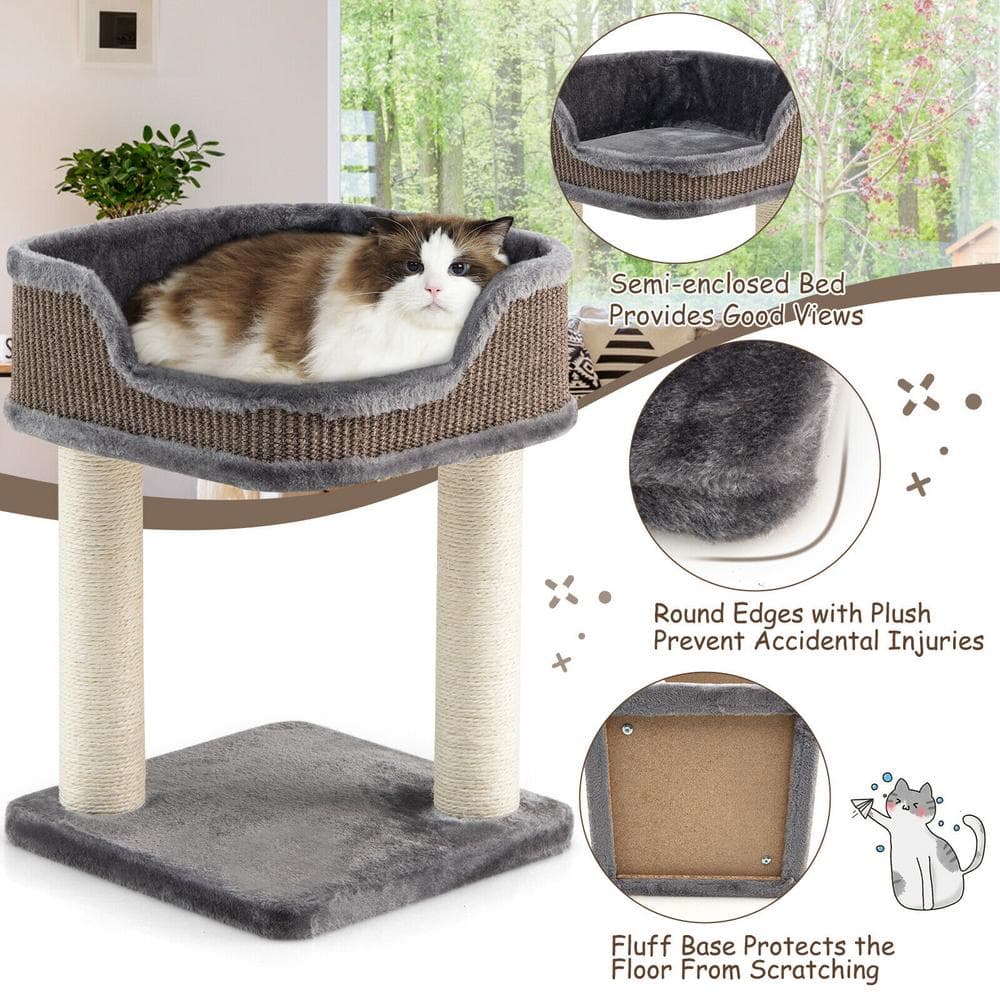 Gray Plush and Sisal Freestanding Cat Tree with Perch