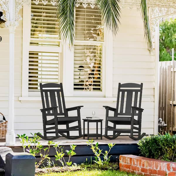Hampton Black Recycled Plastic All Weather Resistant Outdoor Rocking Chair Porch Rocker Patio Rocking Chair Set of 2