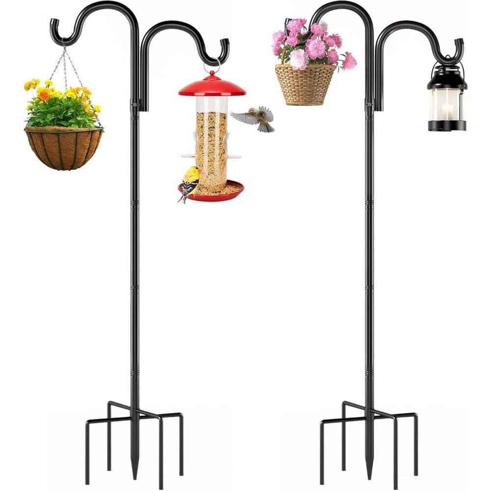 Double Shepherds Hooks Black 76 in. Heavy Duty Bird Feeder Pole with 5-Pron