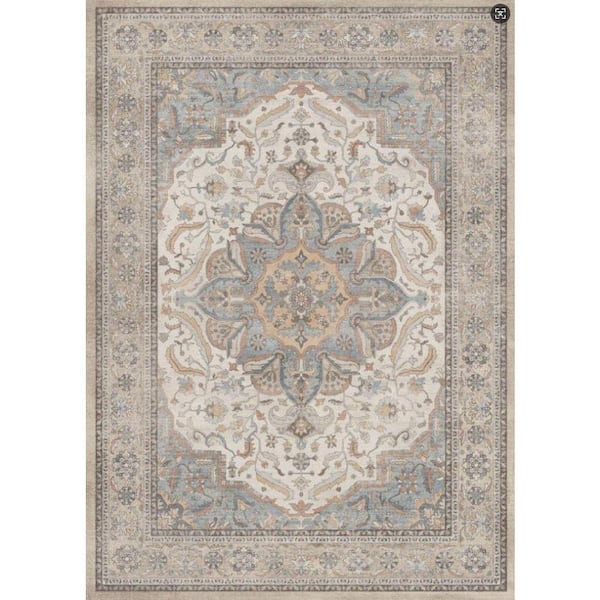 Samar Machine Washable Beige/Blue 2 ft. x 7 ft. Medallion Indoor Area Rug